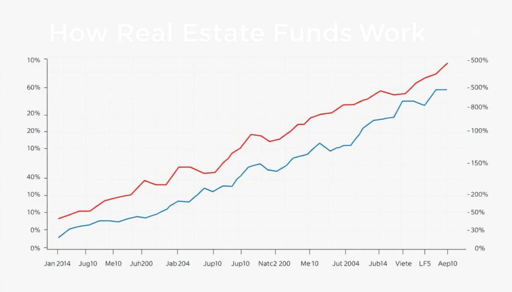A detailed graph depicting the returns of real estate investment funds (REITs), showcasing the trend lines and key performance metrics. The graph is rendered in a clean, minimalist style with a neutral color palette, allowing the data visualizations to take center stage. The layout is balanced, with ample negative space to enhance readability. Subtle grid lines and axis labels provide context, while the overall composition conveys a sense of professionalism and financial sophistication, suitable for illustrating the "How Real Estate Funds Work" section of the article on passive income from REITs. A detailed graph depicting the returns of real estate investment funds (REITs), showcasing the trend lines and key performance metrics. The graph is rendered in a clean, minimalist style with a neutral color palette, allowing the data visualizations to take center stage. The layout is balanced, with ample negative space to enhance readability. Subtle grid lines and axis labels provide context, while the overall composition conveys a sense of professionalism and financial sophistication, suitable for illustrating the "How Real Estate Funds Work" section of the article on passive income from REITs.