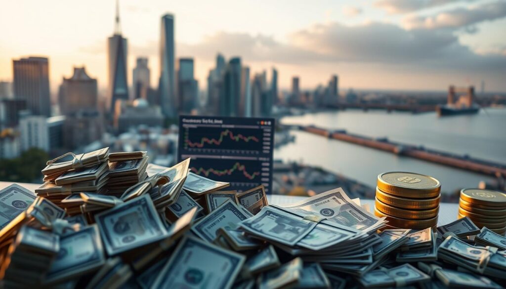 A meticulously composed image showcasing a diverse array of fixed-income investment strategies for generating steady cash flow. In the foreground, a portfolio of government bonds, corporate bonds, and high-yield debt instruments is displayed against a softly lit backdrop. The middle ground features a financial dashboard with real-time data visualizations, highlighting key metrics such as yield, duration, and credit quality. In the background, a serene cityscape with skyscrapers and a tranquil river sets the stage, conveying a sense of stability and long-term growth. The image is captured through a wide-angle lens, creating a sense of depth and balance, with warm, natural lighting that enhances the overall mood of financial security and reliable income.