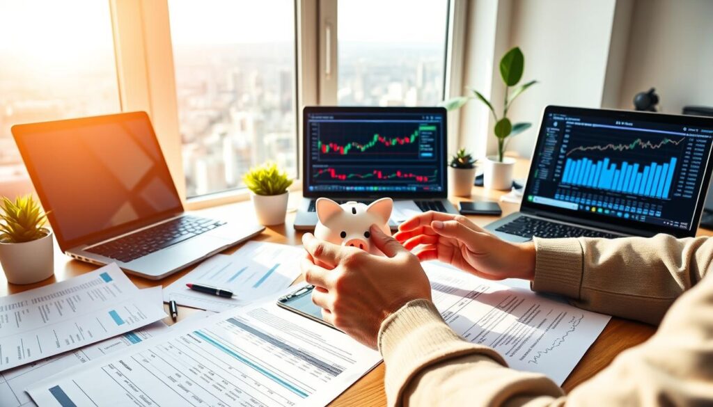 A sunny home office setting with a well-organized desk, showcasing various financial documents, investment reports, and a laptop displaying stock charts. The foreground features a person's hands carefully reviewing financial statements and calculating projected dividend yields. The middle ground includes a strategically placed piggy bank and a small potted plant, symbolizing savings and growth. The background depicts a large window overlooking a vibrant cityscape, hinting at the potential for financial independence. The lighting is warm and natural, creating a sense of productivity and focus. The overall composition conveys a thoughtful, analytical approach to generating passive income through dividend investment strategies. A sunny home office setting with a well-organized desk, showcasing various financial documents, investment reports, and a laptop displaying stock charts. The foreground features a person's hands carefully reviewing financial statements and calculating projected dividend yields. The middle ground includes a strategically placed piggy bank and a small potted plant, symbolizing savings and growth. The background depicts a large window overlooking a vibrant cityscape, hinting at the potential for financial independence. The lighting is warm and natural, creating a sense of productivity and focus. The overall composition conveys a thoughtful, analytical approach to generating passive income through dividend investment strategies.