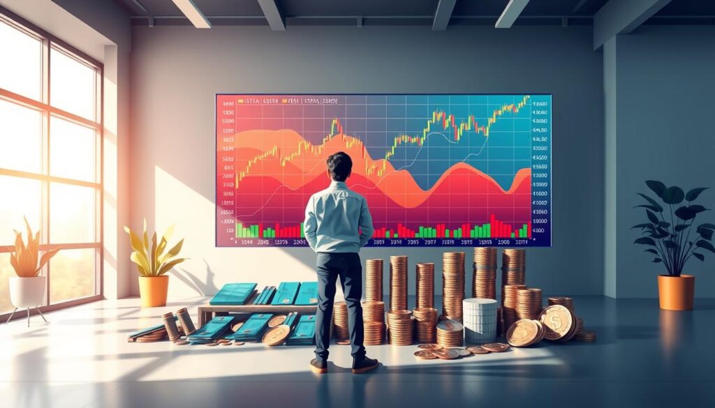 A vibrant, informative illustration of "How to Start Investing in the Stock Market". The foreground depicts a person standing in front of a large, colorful stock market chart, intently studying the data. In the middle ground, various financial instruments like stocks, bonds, and coins are arranged in an organized display. The background showcases a modern, minimalist office setting with large windows allowing natural light to stream in, creating a sense of openness and clarity. The lighting is soft and diffused, with subtle shadows adding depth and dimensionality. The overall mood is one of focus, education, and the promise of financial growth through smart, informed investing in the stock market.